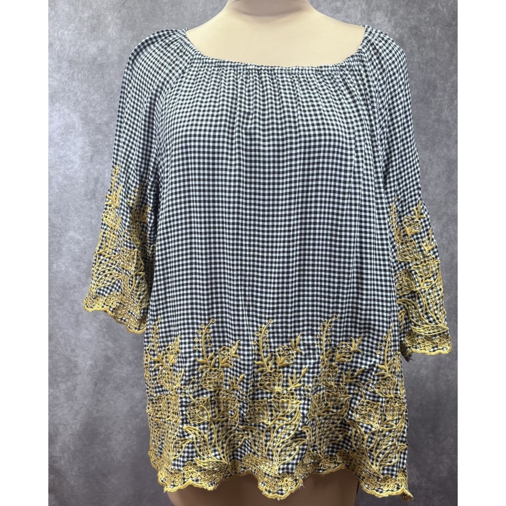 Fever Blouse Women's 1X Gold Embroidered Bell Sleeve Black/White Checked BOHO